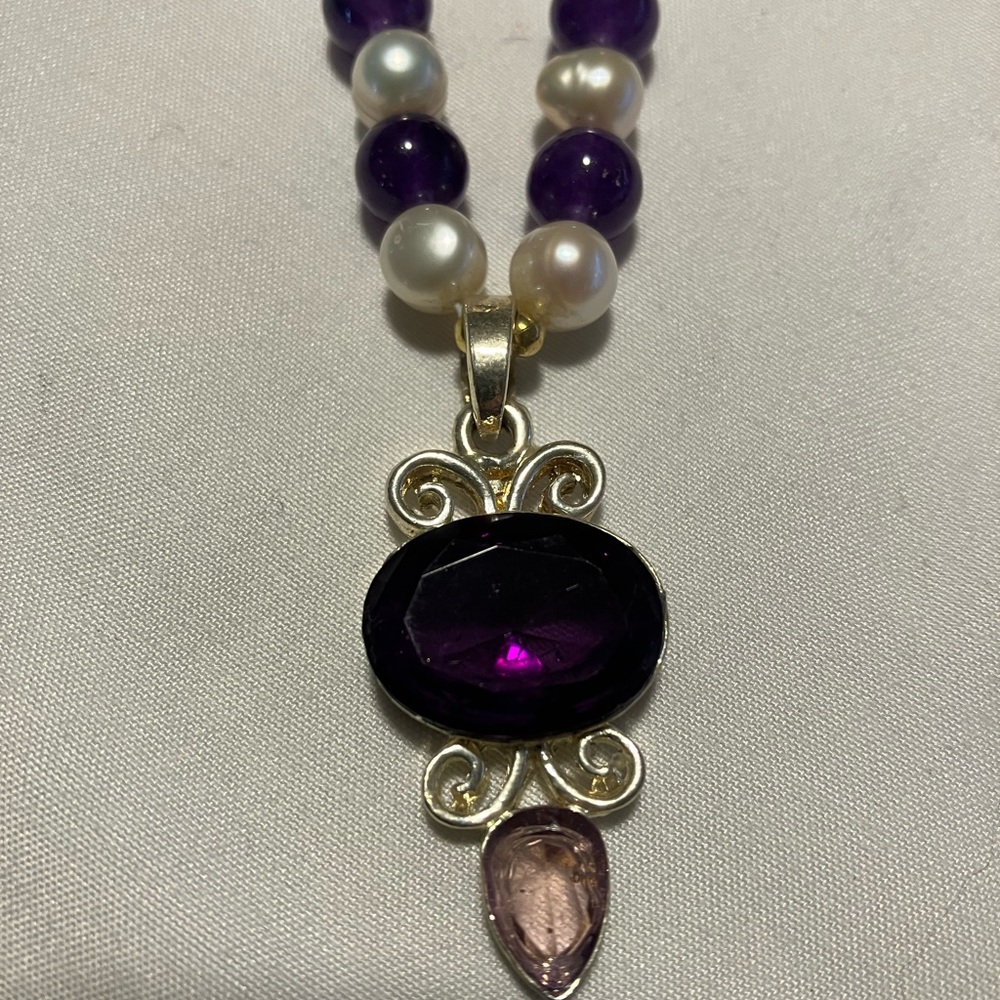 Elegant Pearl and Purple Bead Necklace